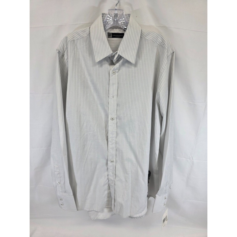 Level Ten Mens L Button Down Shirt White Grey Pinstripe Graphic Eagle SJMS-914-B